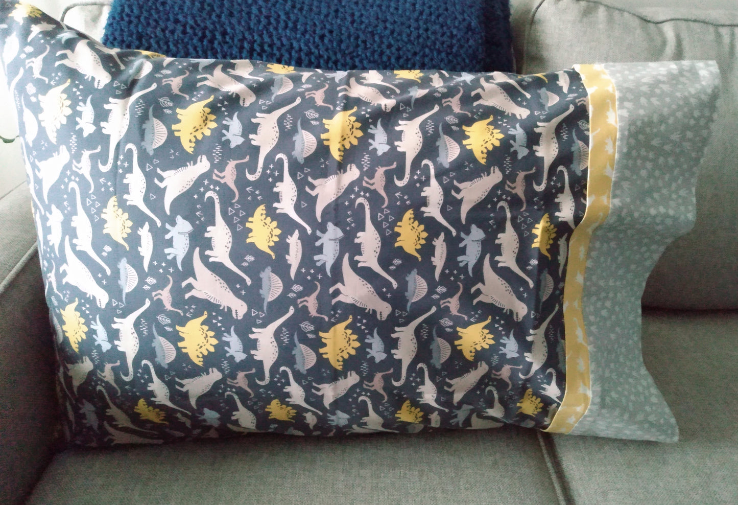 100% Cotton Pillowcase Dinosaurs Yellow Grey