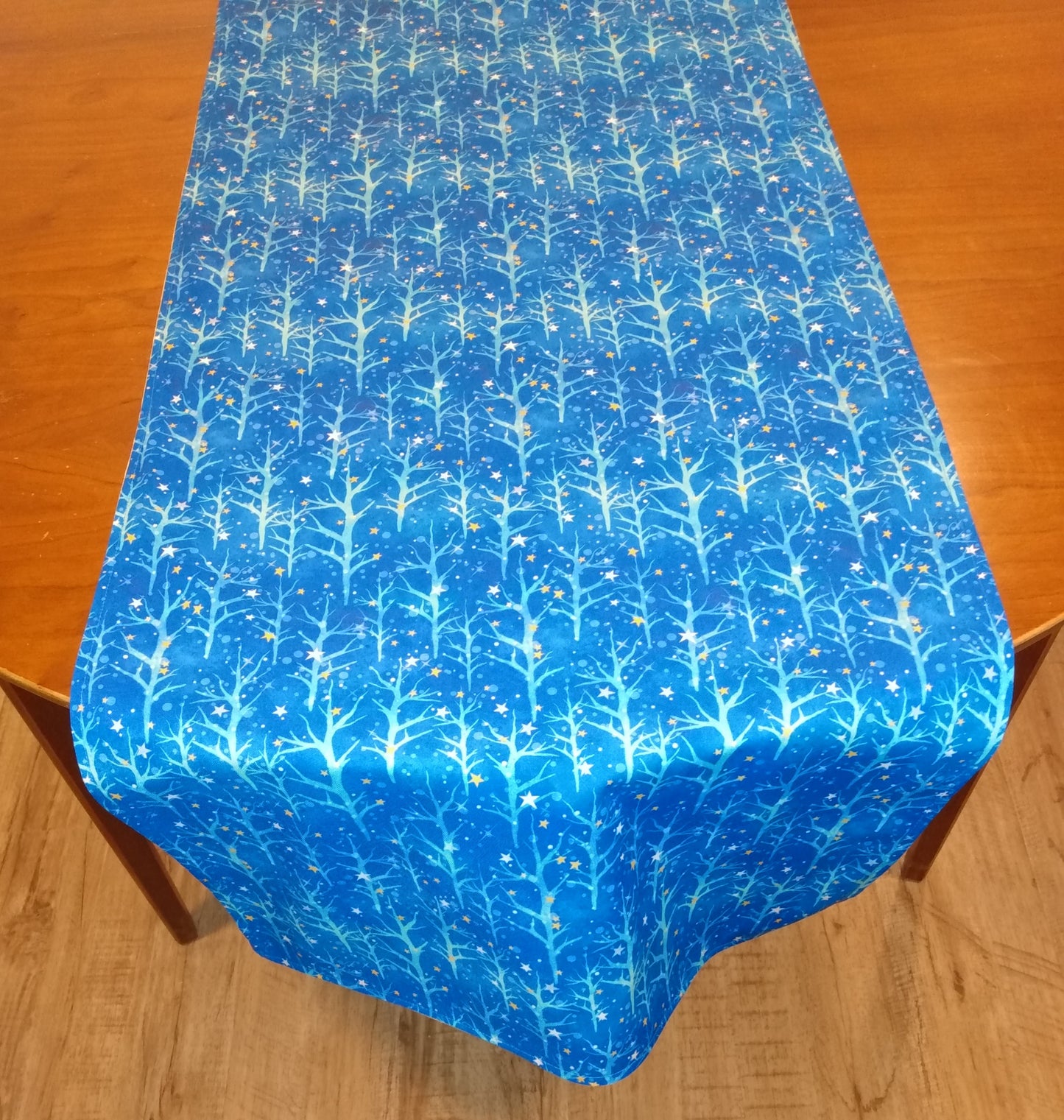 Table Runner Reversible 100% Cotton Blue Trees Gold White Stars Gold Damask