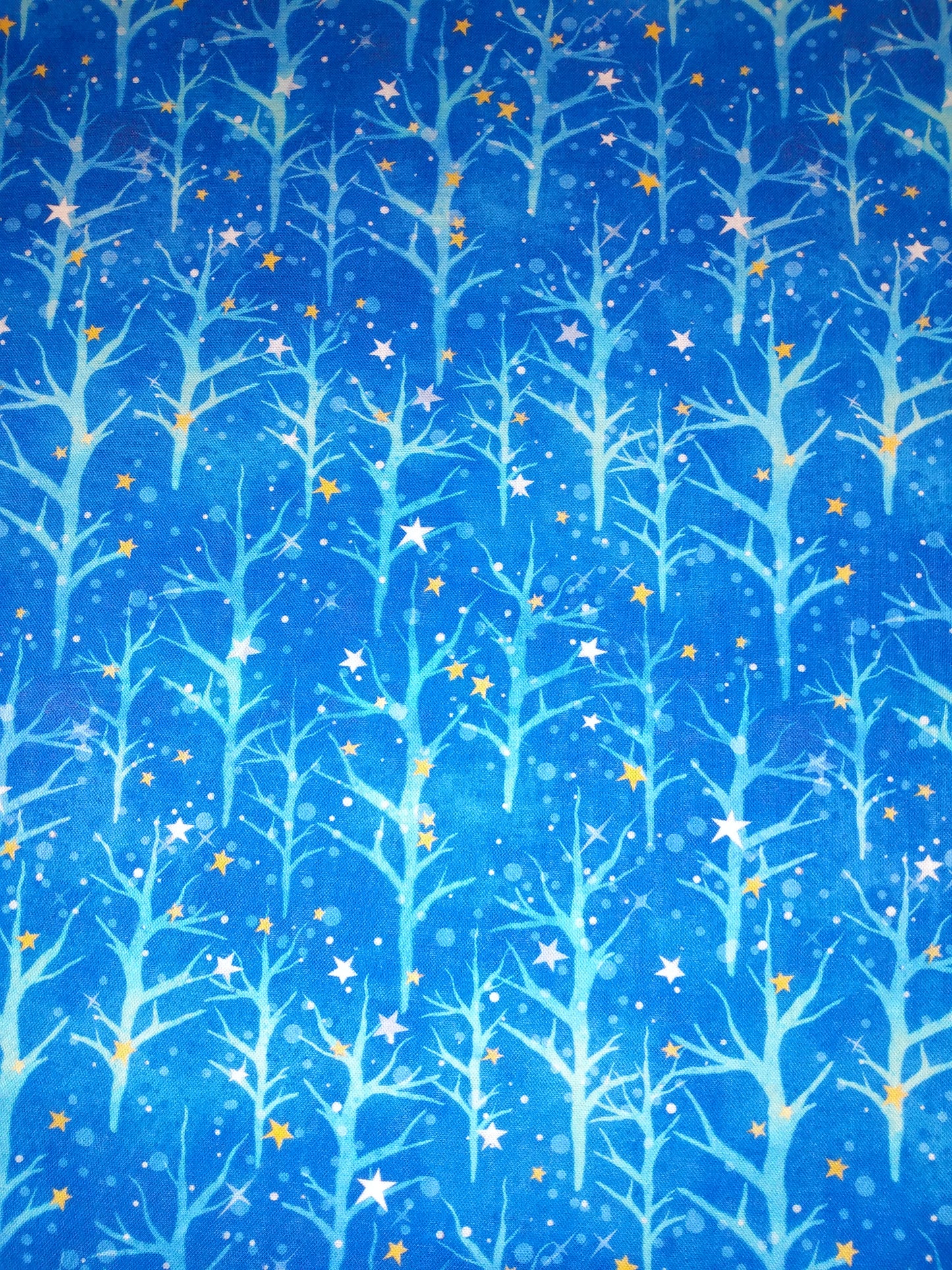 Table Runner Reversible 100% Cotton Blue Trees Gold White Stars Gold Damask