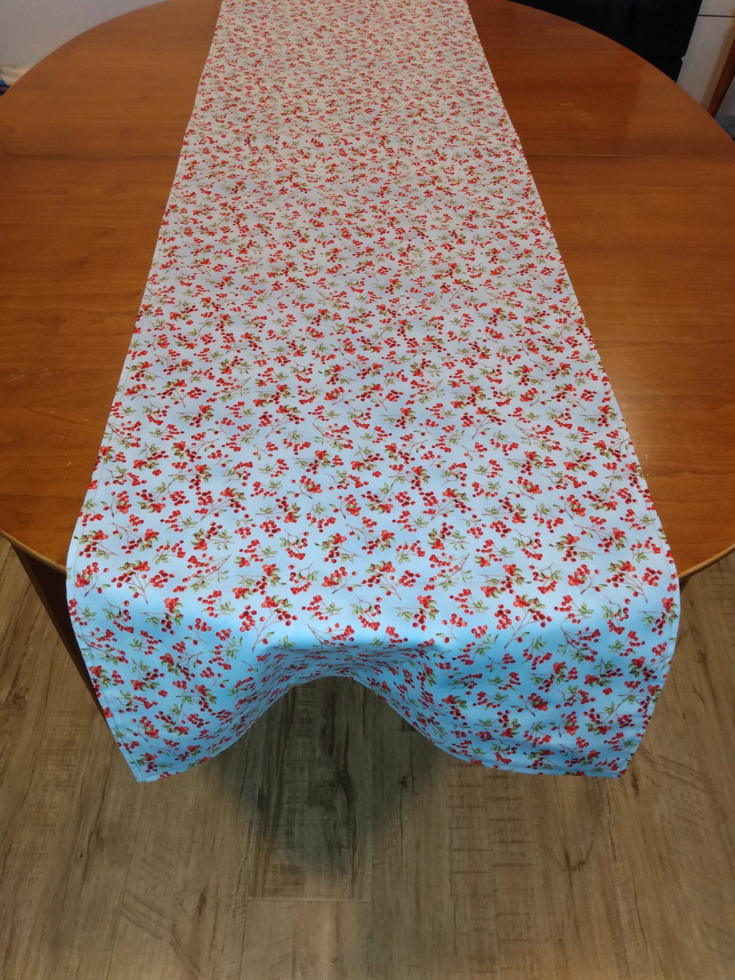 Table Runner 100% Cotton Red Current Berries Blue