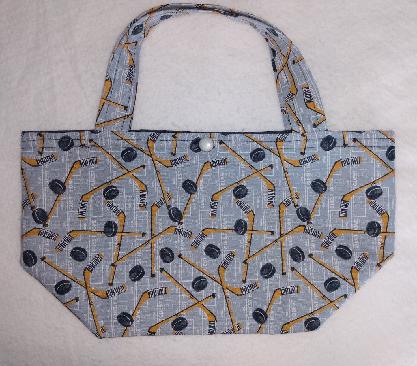 Lunch Bag Cotton Grey Hockey Sticks and Pucks