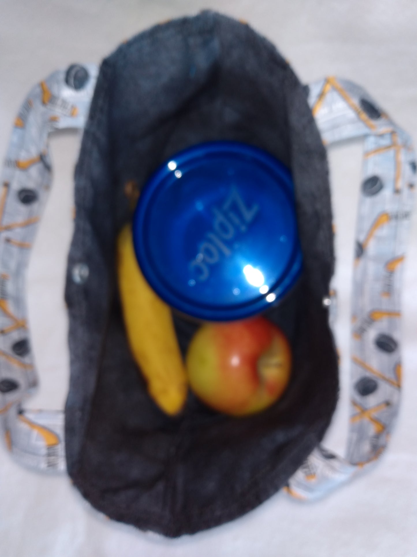 Lunch Bag Cotton Grey Hockey Sticks and Pucks