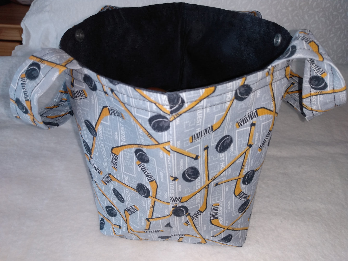 Lunch Bag Cotton Grey Hockey Sticks and Pucks