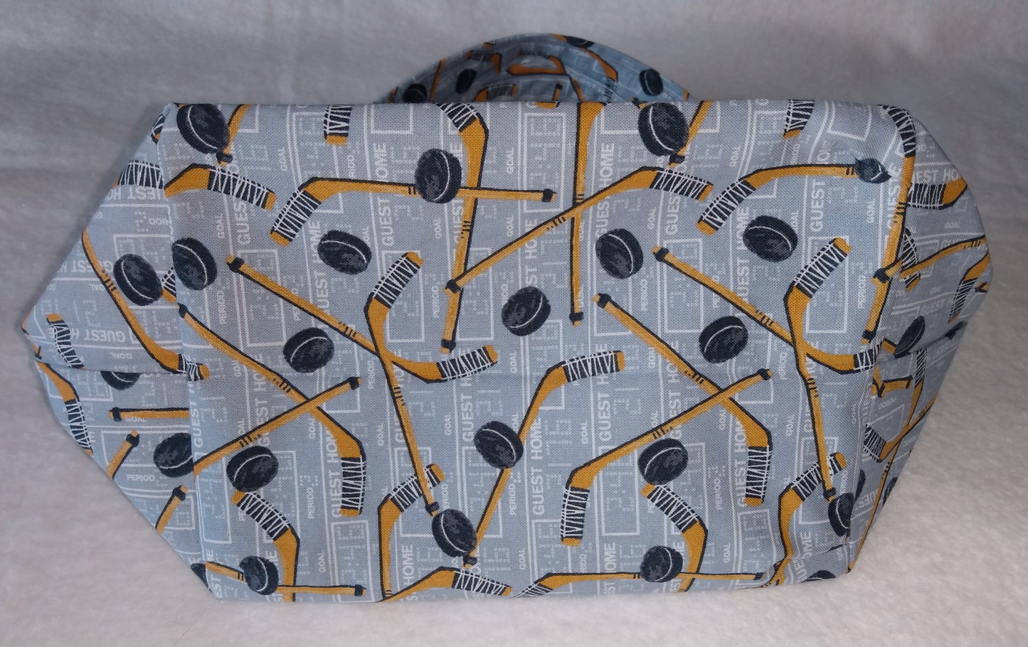 Lunch Bag Cotton Grey Hockey Sticks and Pucks