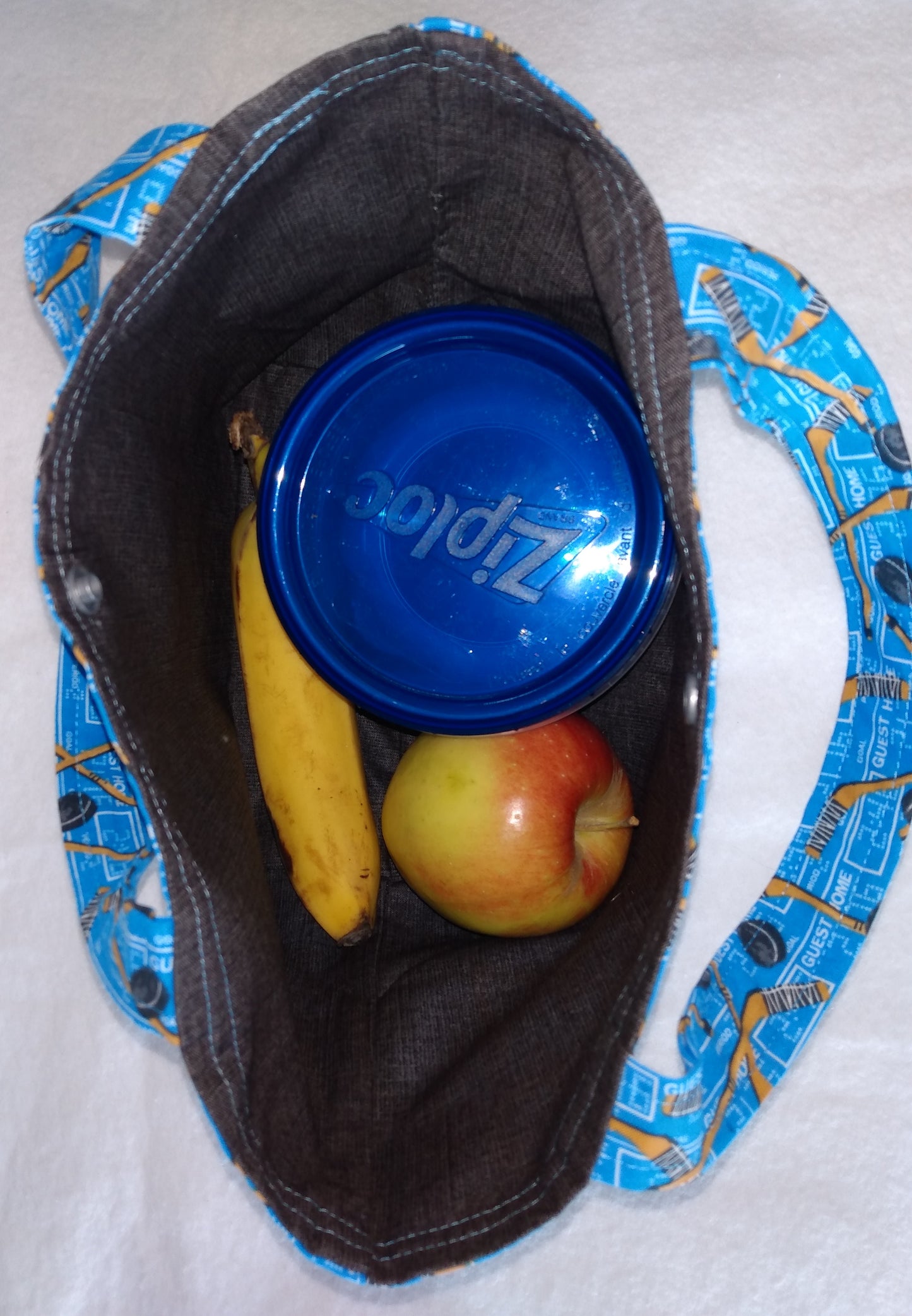 Lunch Bag Cotton Blue Hockey Sticks and Pucks