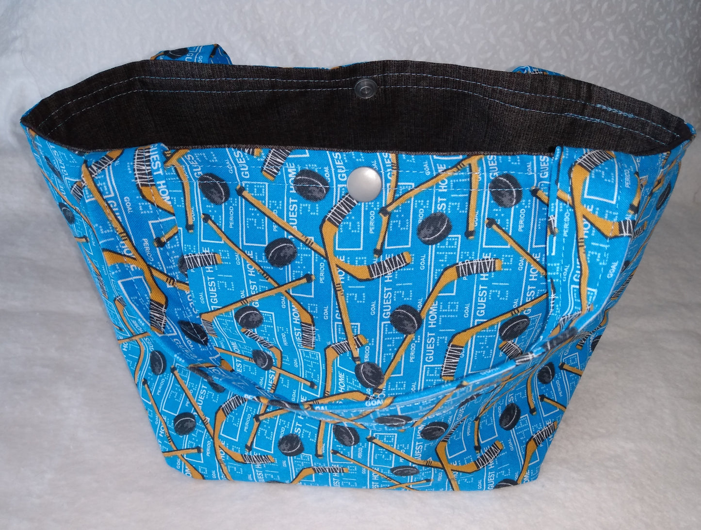 Lunch Bag Cotton Blue Hockey Sticks and Pucks