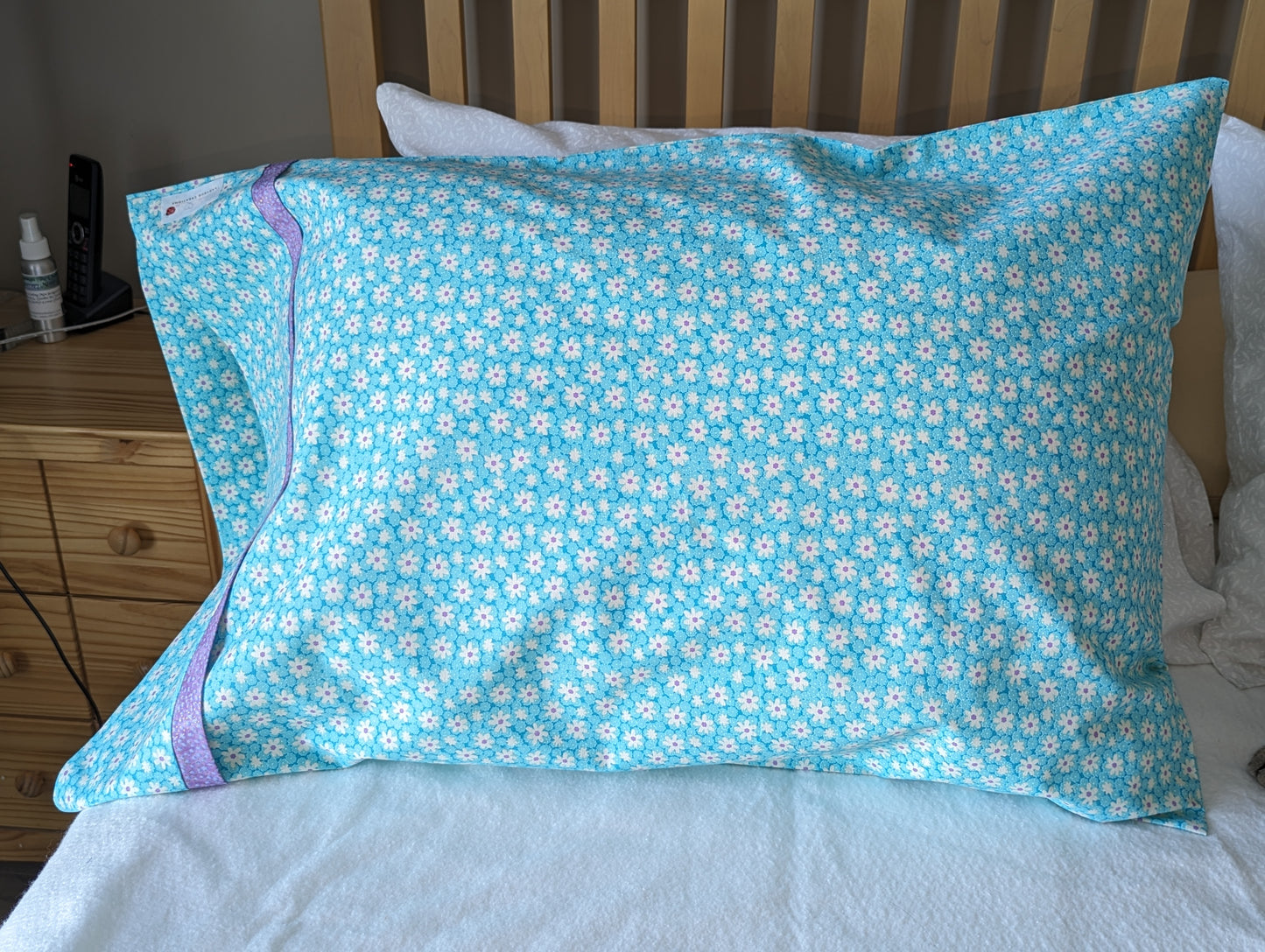 100% Cotton Pillowcase White Daisies Teal Purple