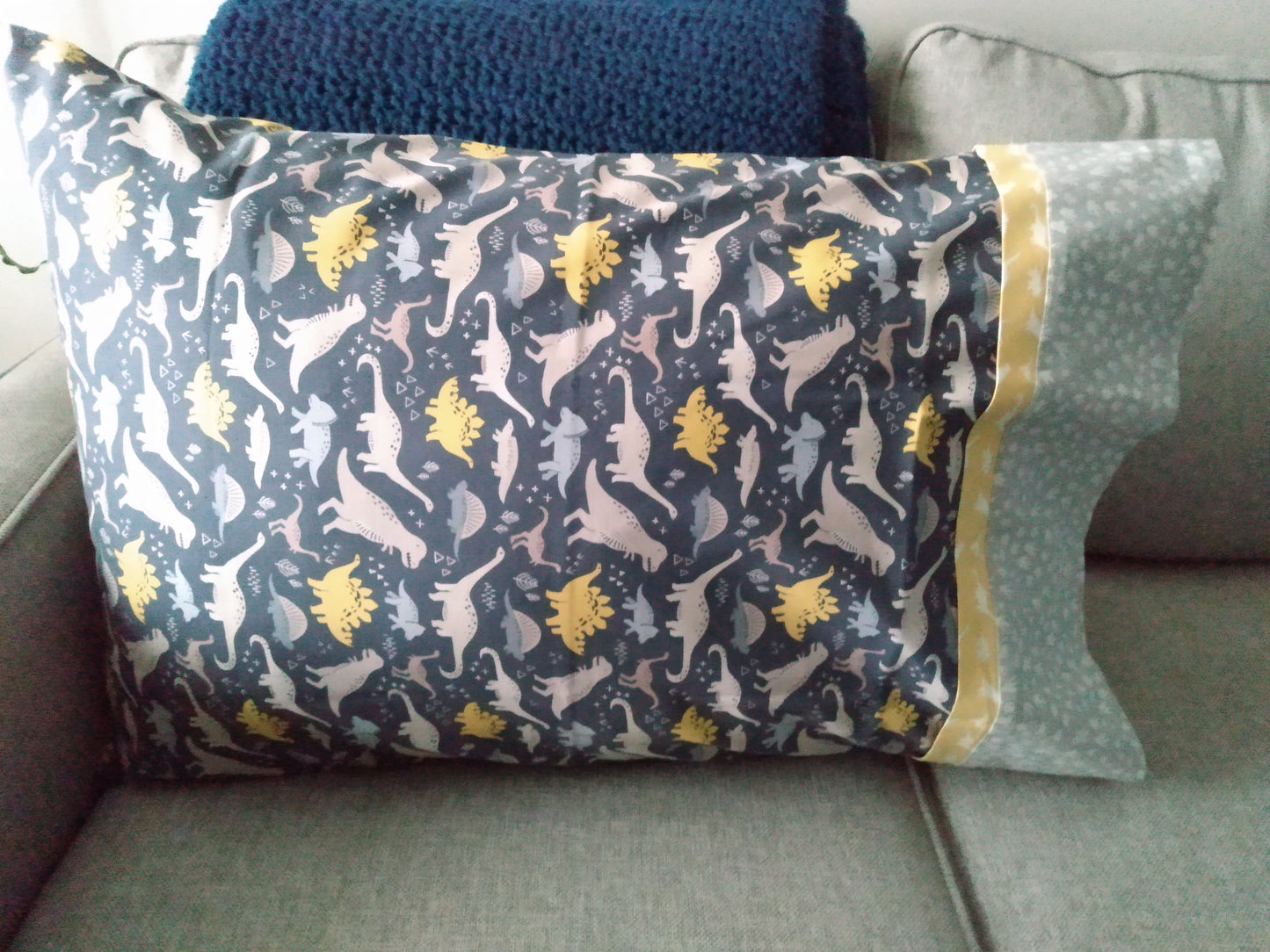 100% Cotton Pillowcase Dinosaur Grey Blue