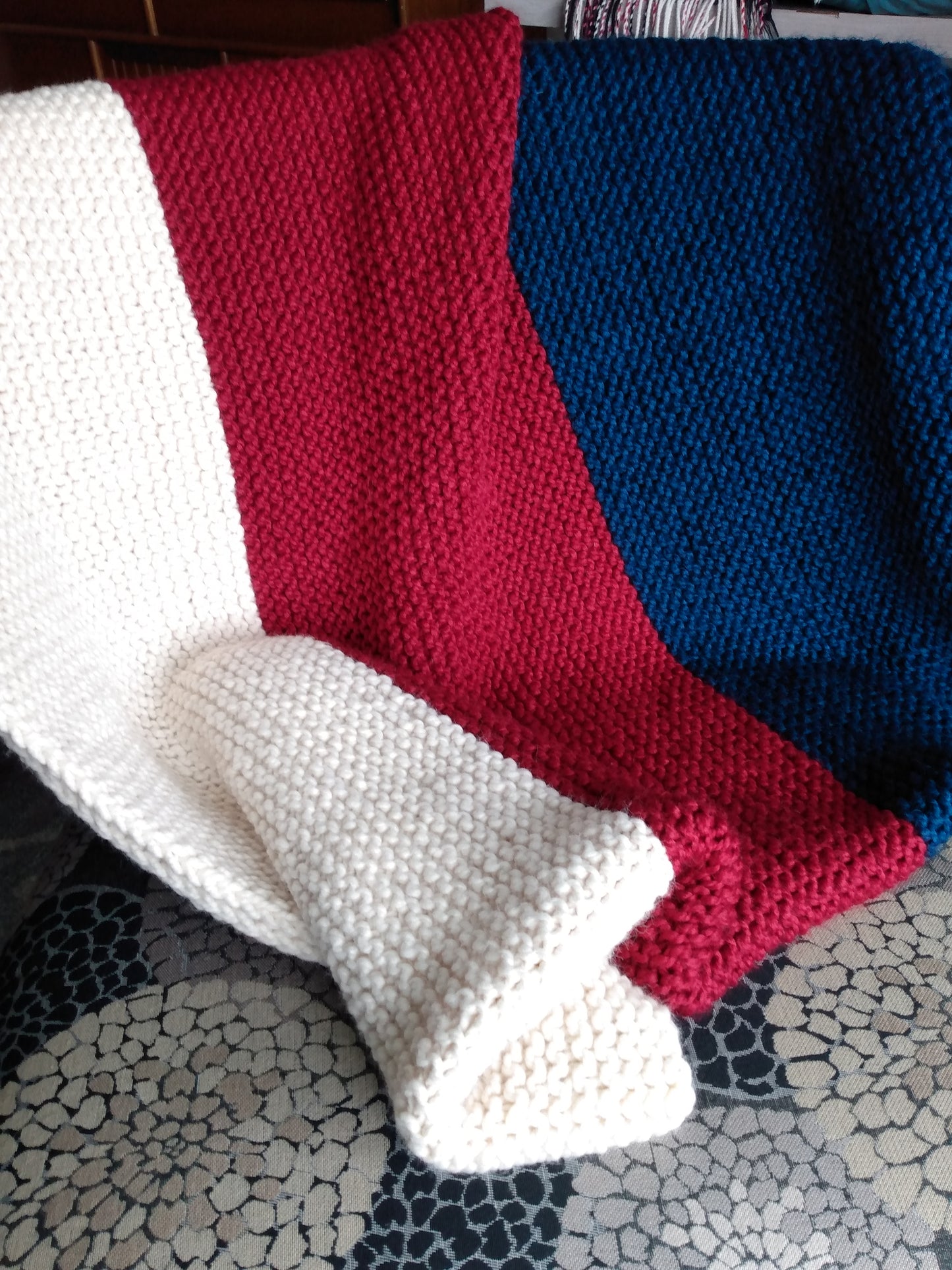 Blanket Hand Knit Throw Red White Blue