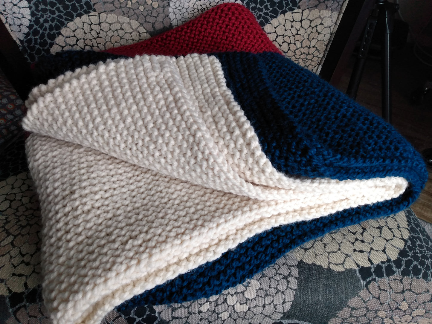 Blanket Hand Knit Throw Red White Blue