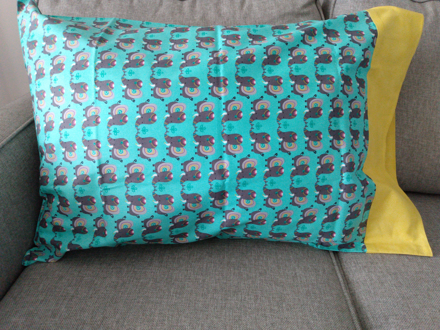 100% Cotton Pillowcase Elephants Yellow Teal