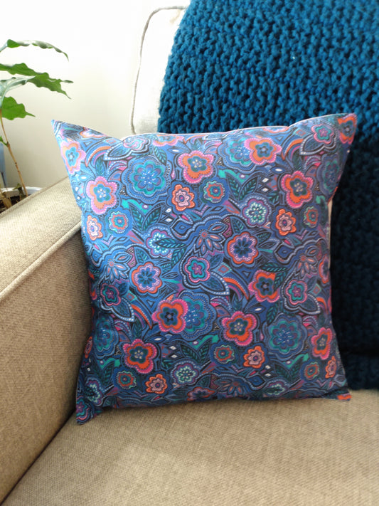 Cushion Cover Multicolor Floral Blue Background Cotton