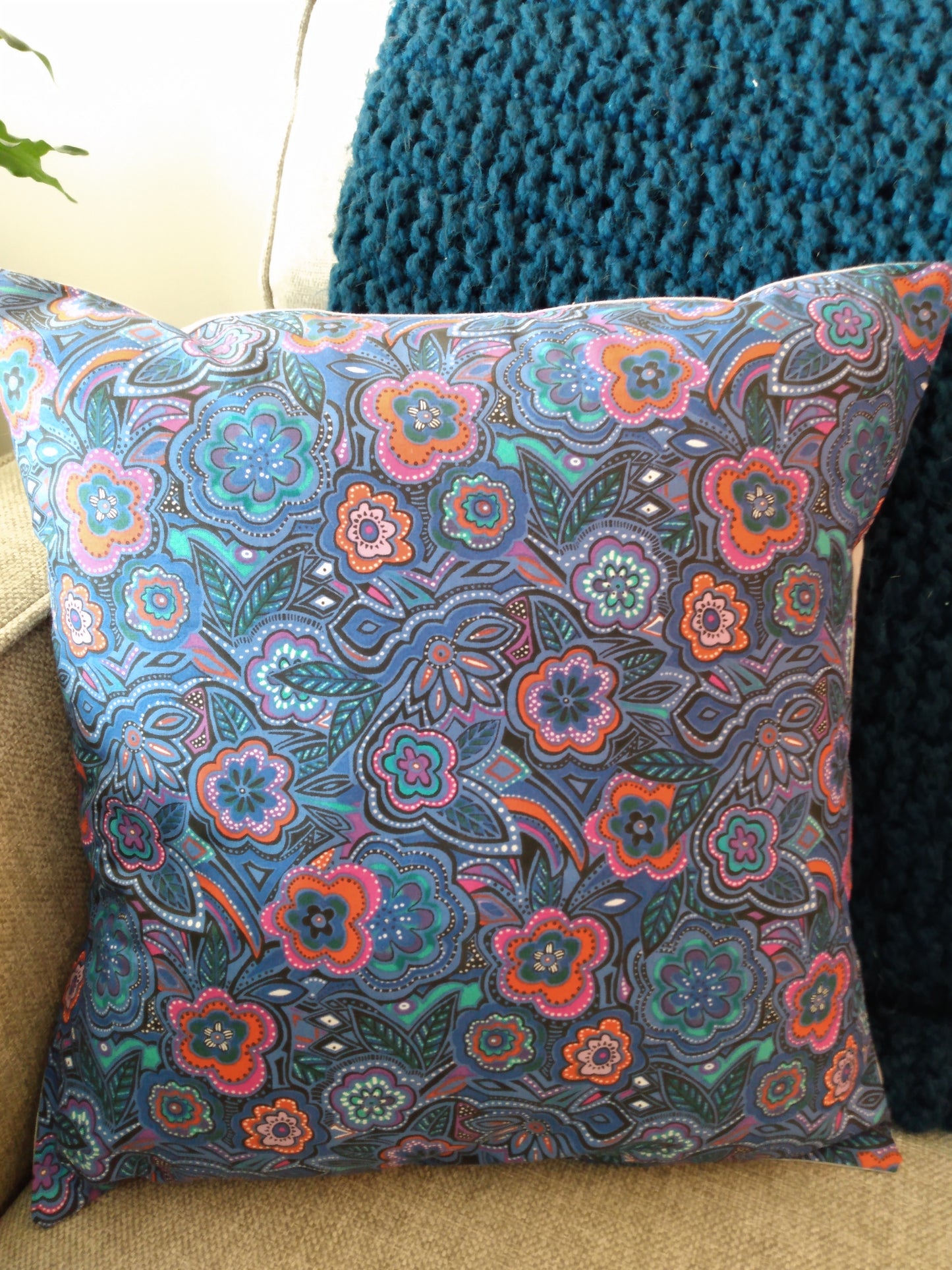 Cushion Cover Multicolor Floral Blue Background Cotton