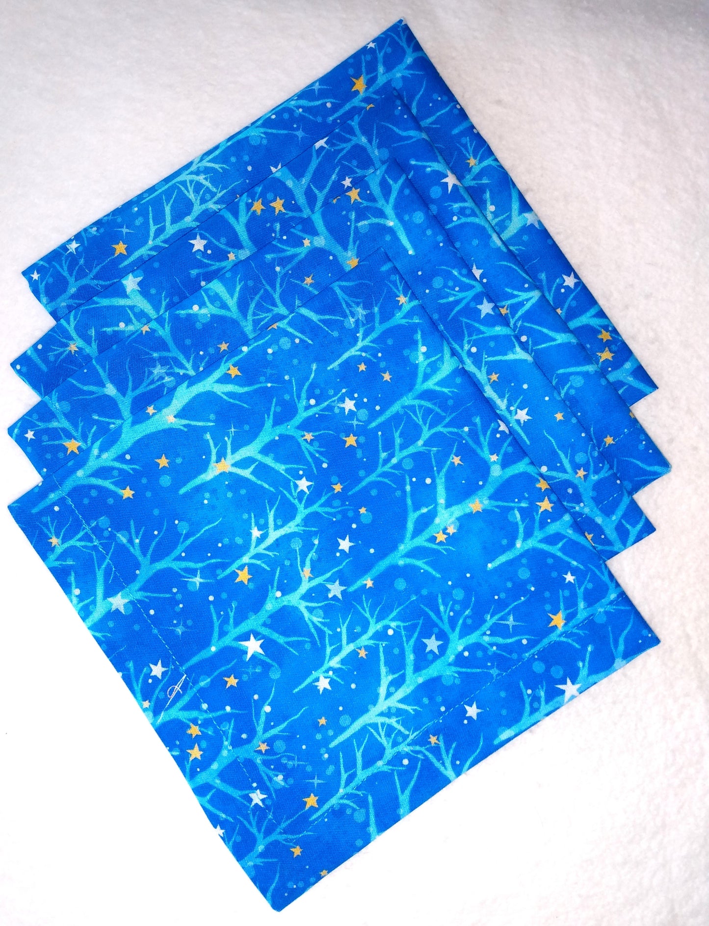 Napkins 100% Cotton Blue Trees Gold White Stars