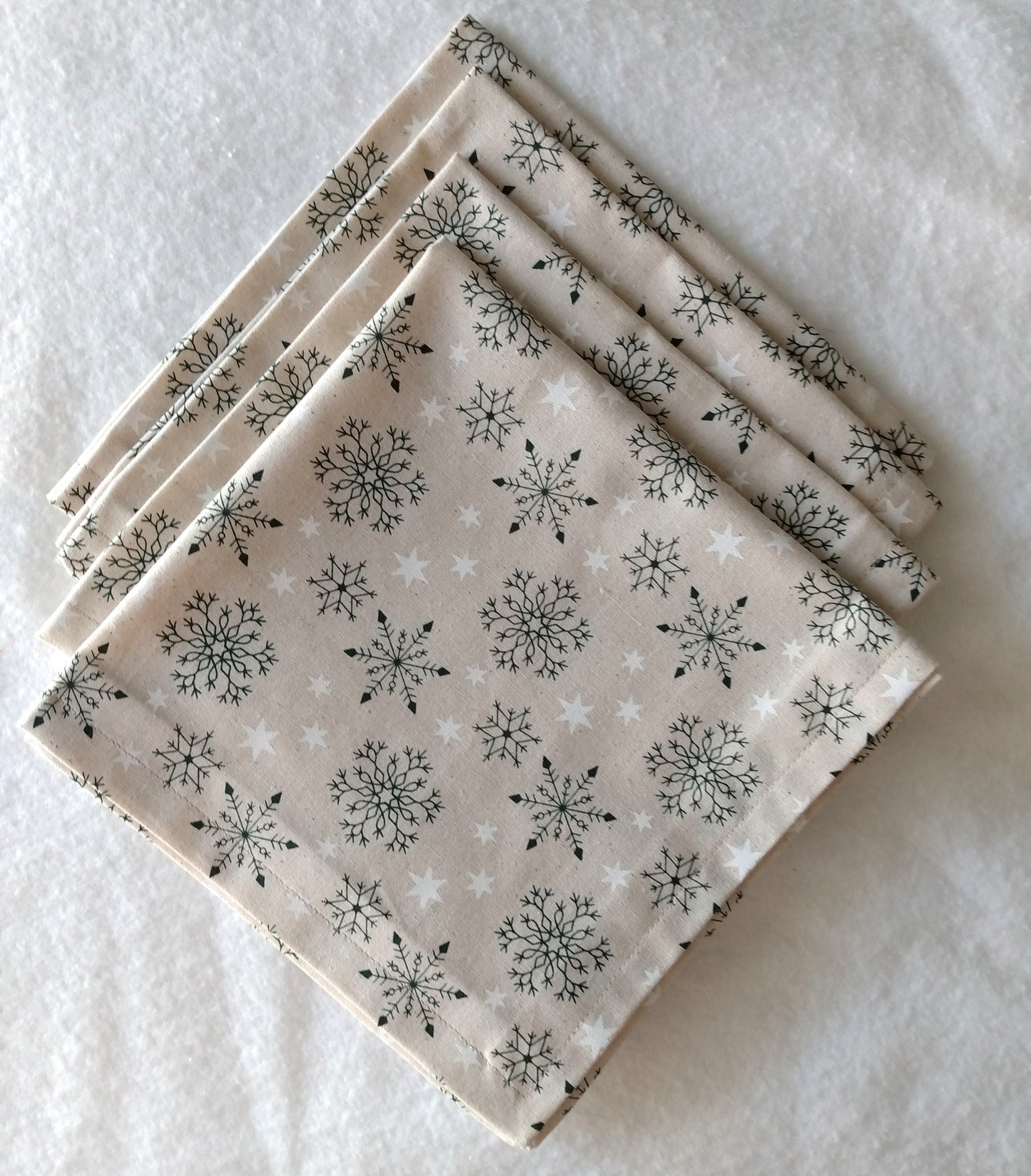 Napkins 100% Cotton Winter Snowflake White Green Beige