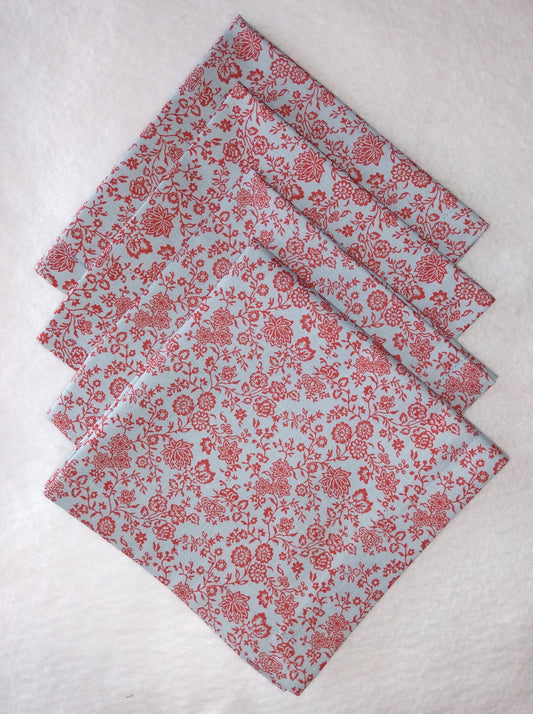 Napkins 100% Liberty Print Cotton Red Floral Light Blue 14 by 16 Lunch