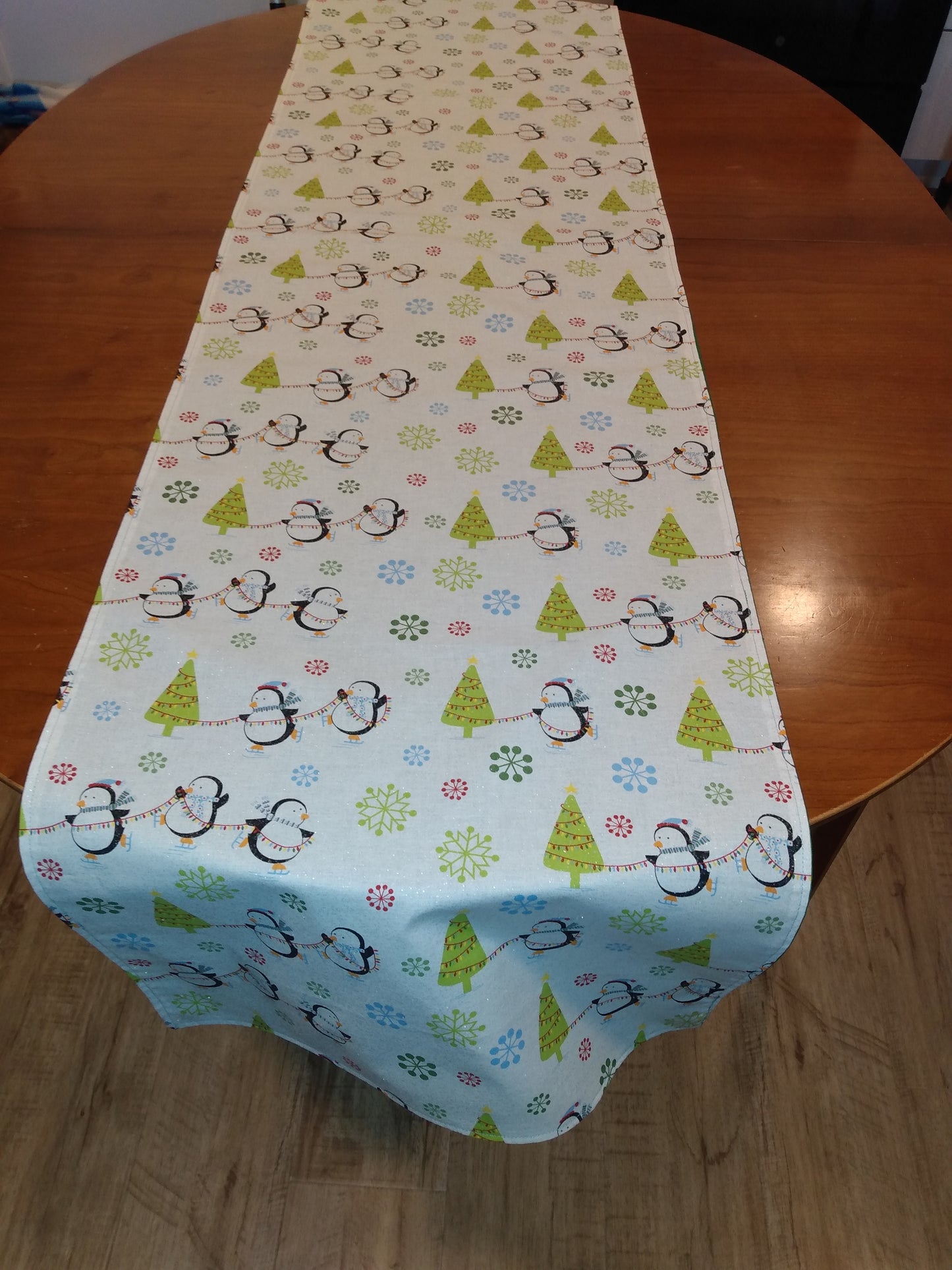 Table Runner 100% Cotton Penguins Christmas Trees Forest Green