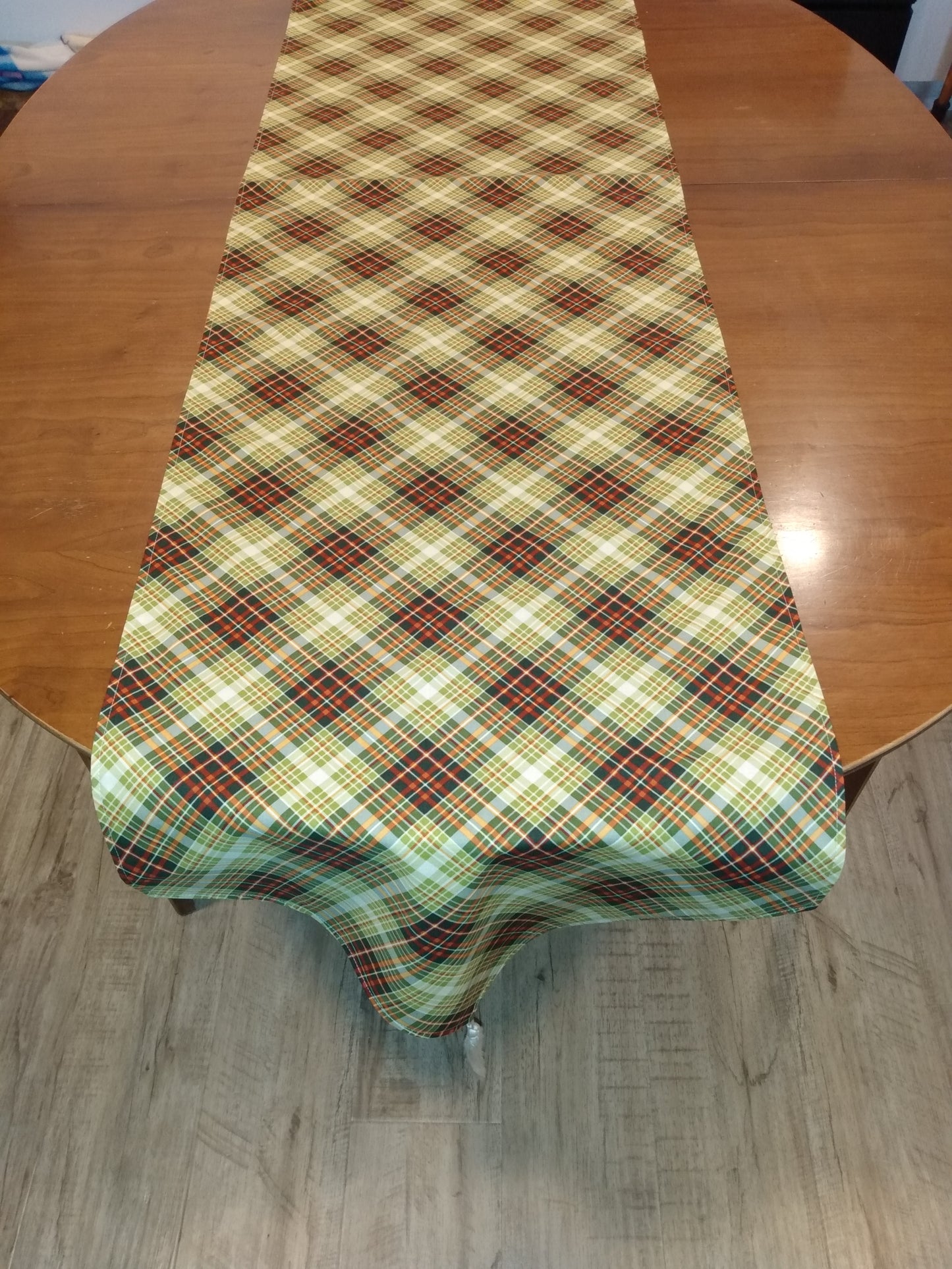 Table Runner Reversible 100% Cotton Fall Green Orange Cream Plaid Orange Leaves