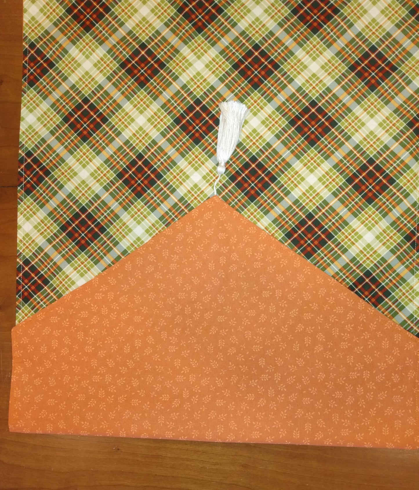 Table Runner Reversible 100% Cotton Fall Green Orange Cream Plaid Orange Leaves