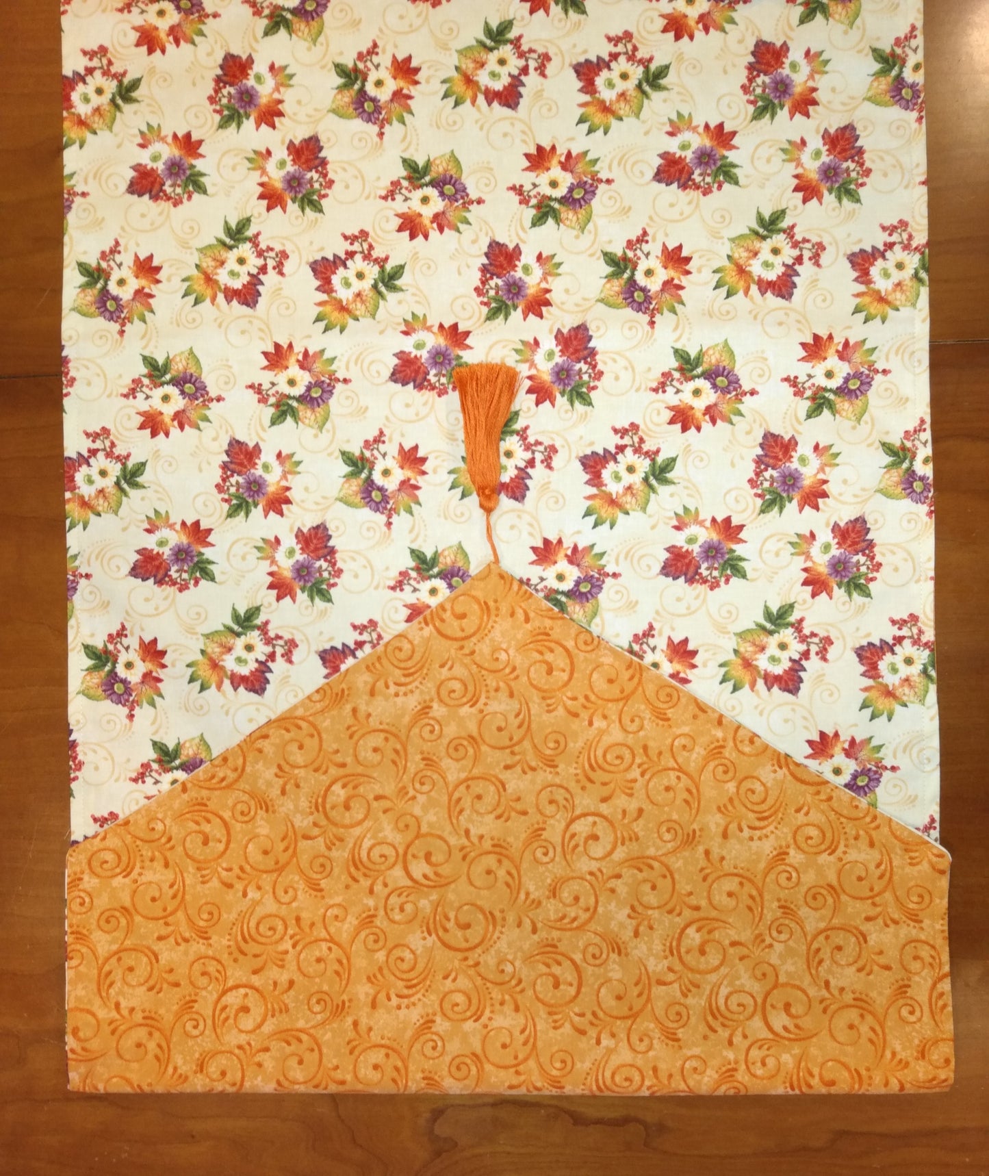 Table Runner Reversible 100% Cotton Fall Bouquet Gold Swirls Cream Orange Swirls