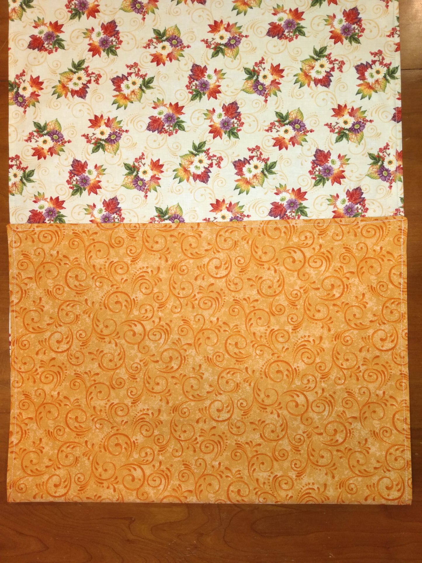 Table Runner Reversible 100% Cotton Fall Bouquet Gold Swirls Cream Orange Swirls