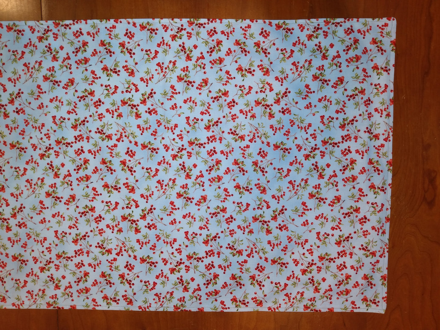 Table Runner 100% Cotton Red Current Berries Blue