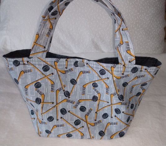 Lunch Bag Cotton Grey Hockey Sticks and Pucks