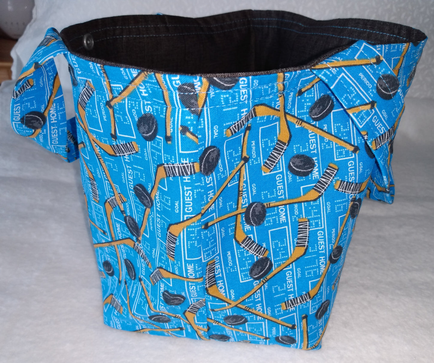 Lunch Bag Cotton Blue Hockey Sticks and Pucks