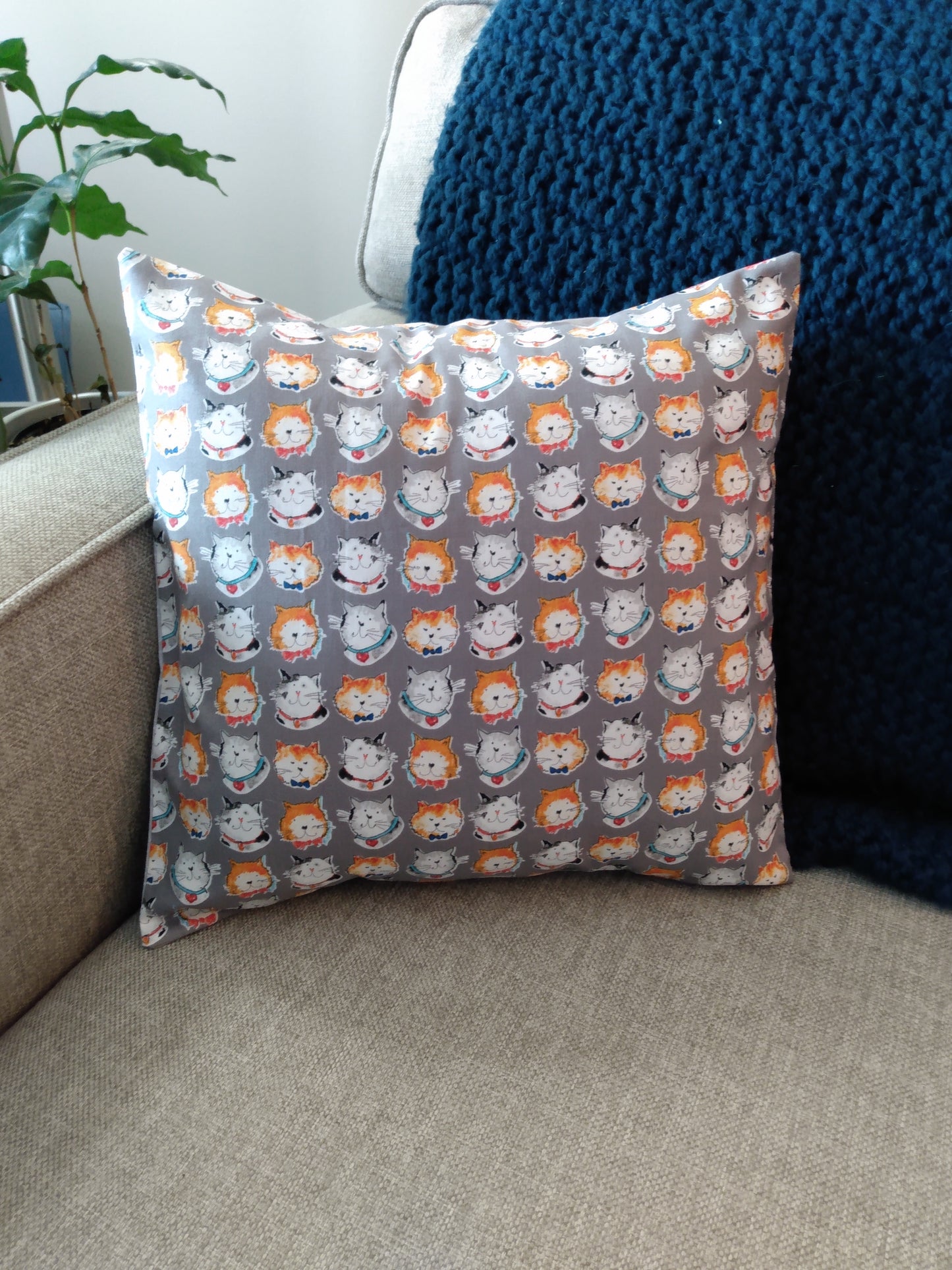 Cushion Cover Cat Faces Grey Cotton