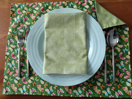 Placemats Napkins 100% Cotton Butterfly Green Damask