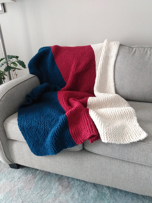 Blanket Hand Knit Throw Red White Blue