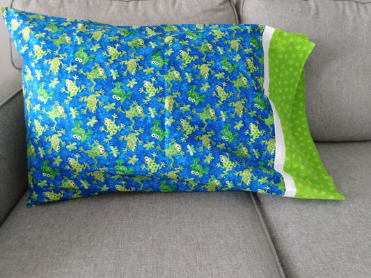 100% Cotton Pillowcase Frogs Blue Green