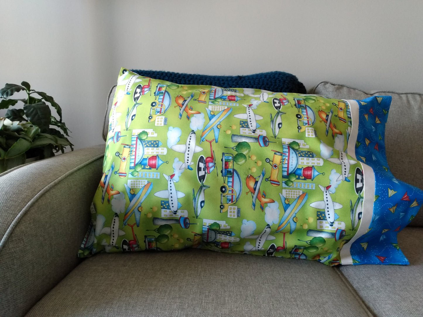 100% Cotton Pillowcase Green Blue Planes Helicopters